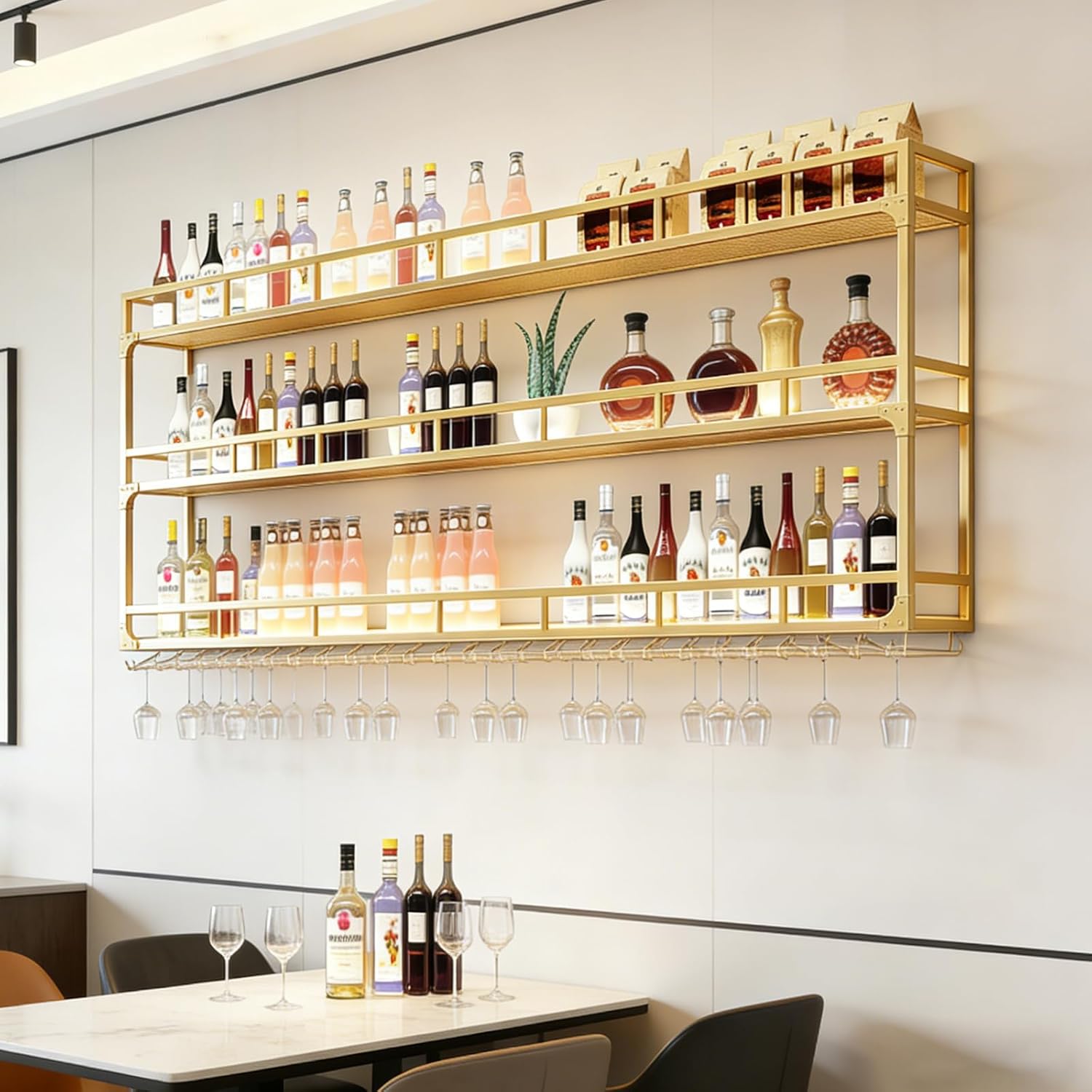 71in Wall Mounted Wine Rack, Wine Rack Wall Mounted with Wine Glass Rack, Metal Bar Bottle Display Shelf Wine Cups Hanging Holder, for Home Bar Cafe Dining Room Decoration (A-GOLD, 70.8 * 10 * 35.5IN)