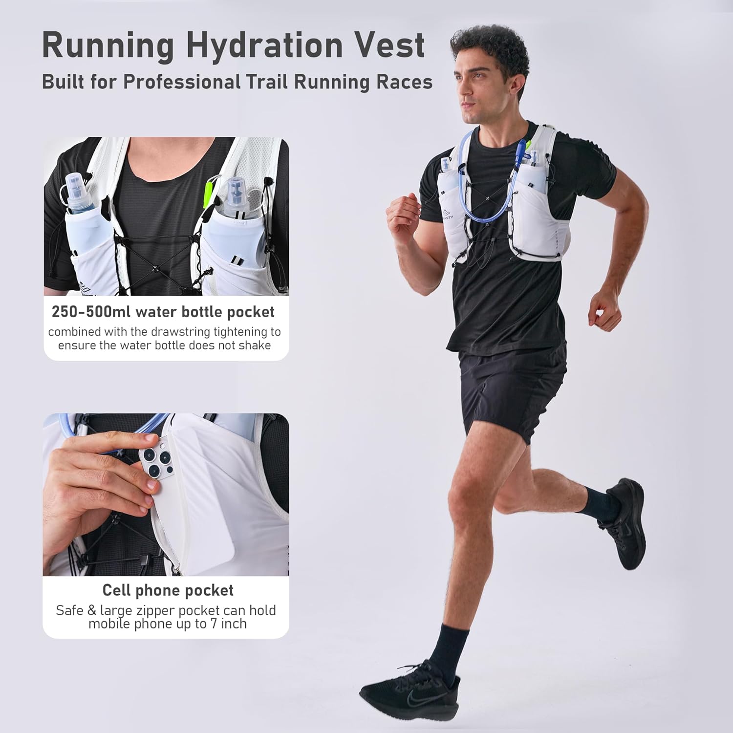 Running Hydration Vest 5L, Running Backpack with 2x500ml Soft Flask, Lightweight Water Backpack Reflective Trail Running Vest for Running Hiking Cycling