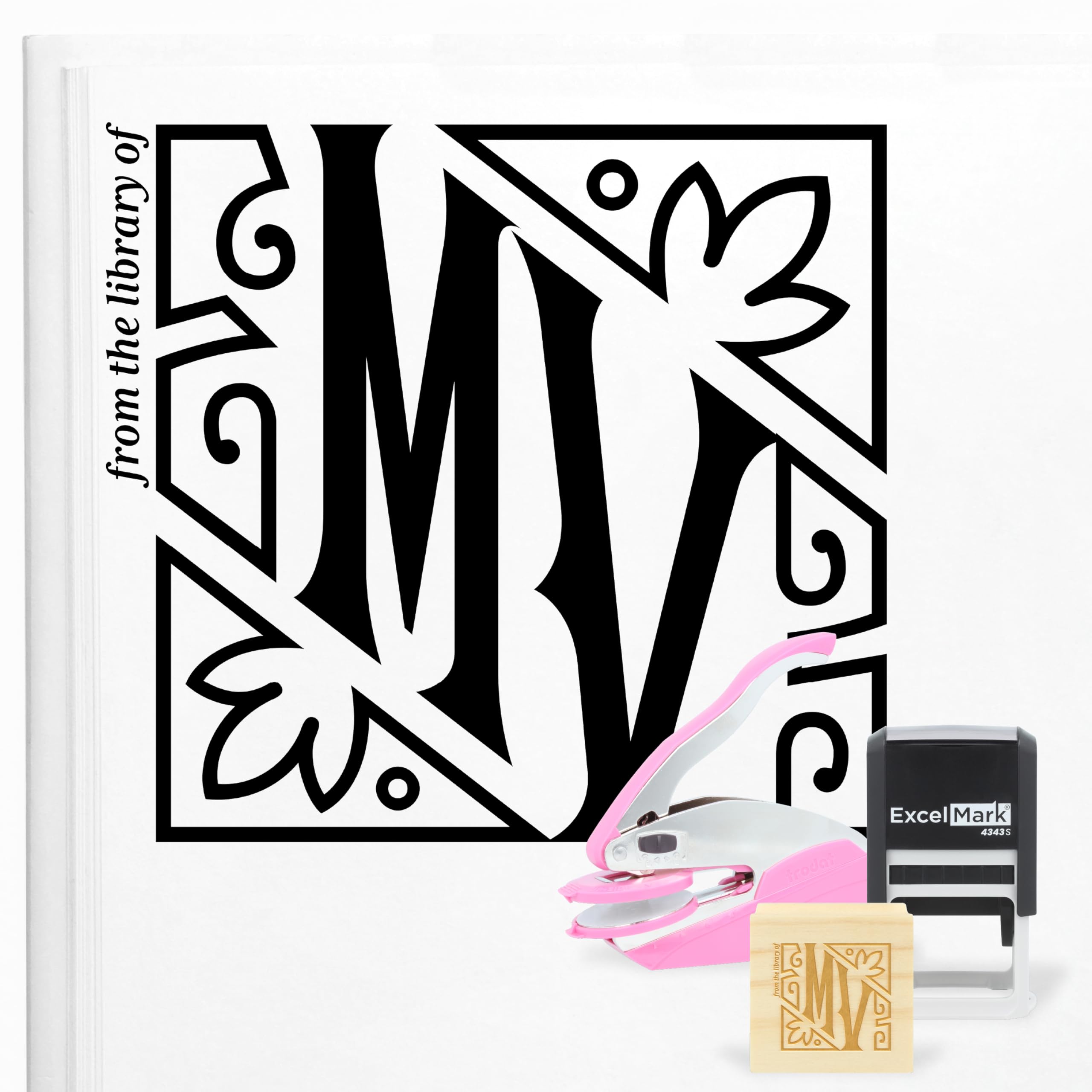 ExcelMark Personalized Book Stamp - Ex Libris Wood Stamp, Self-Inking or Embosser (Slant, Square)