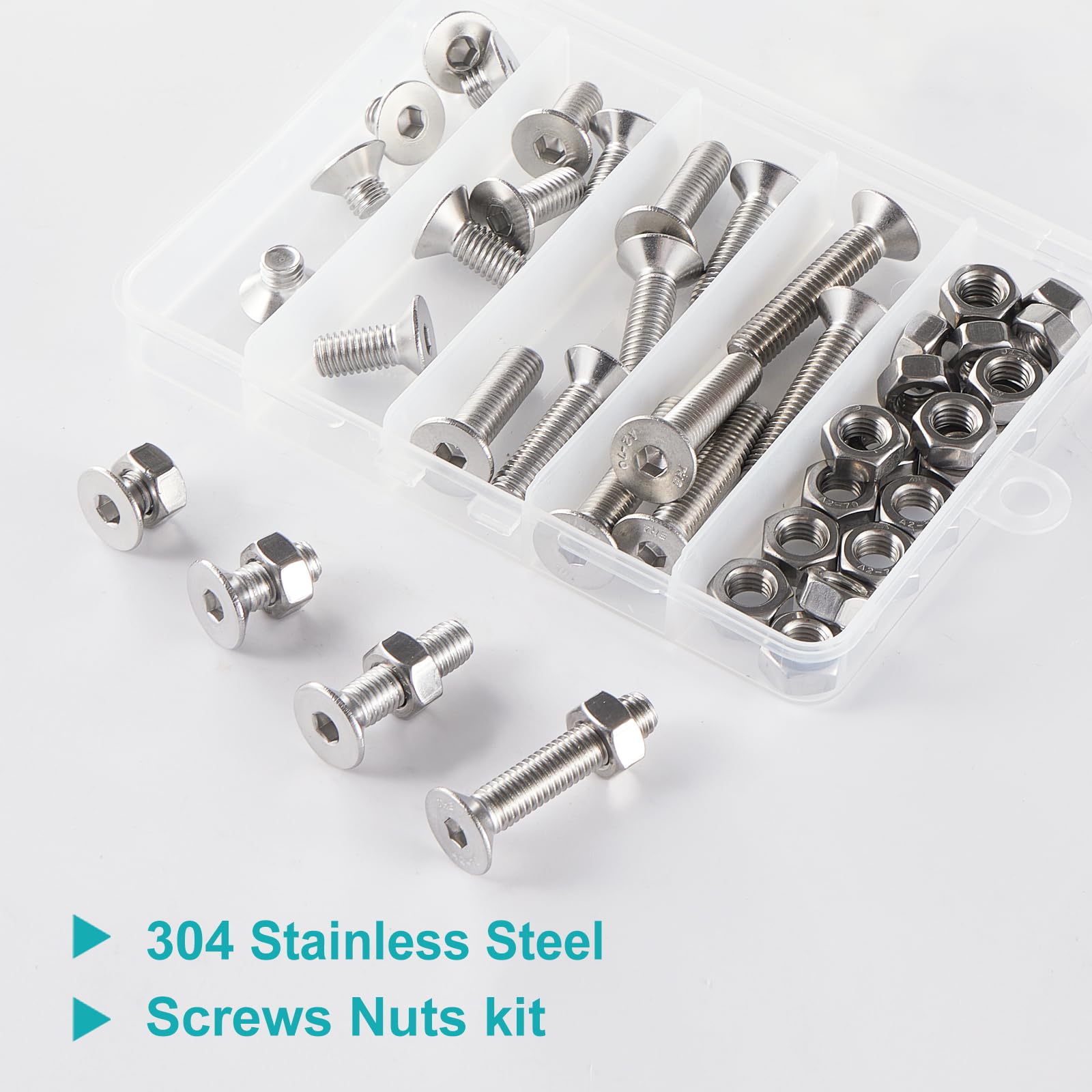 M8 x 10 mm, 20 mm, 30 mm, 40 mm, testa piatta, viti a testa esagonale, bulloni e dadi, in acciaio inox 304, finitura lucida, filettatura completa, kit assortito da 48 pezzi