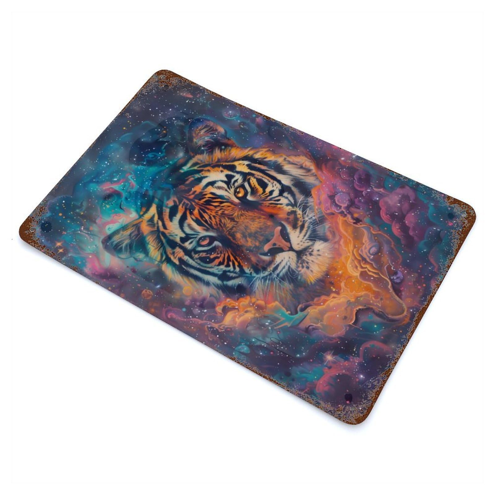 Vintage Metal Tin Sign Cosmic Tiger Gaze 11.8"x7.9", Industrial Home Decor for Farmhouse, Kitchen And Entryway Decor
