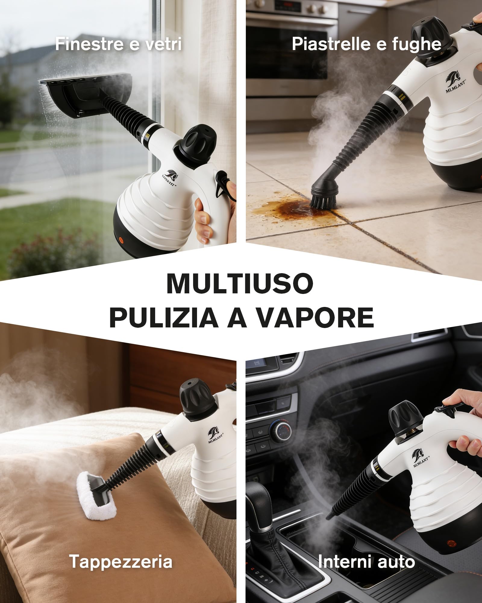 MLMLANT Pulitore a vapore portatile multifunzione con blocco di sicurezza e kit accessori da 10 pezzi, ideale per tappeti, divani, mobili imbottiti, materassi, sedili auto e altro ancora