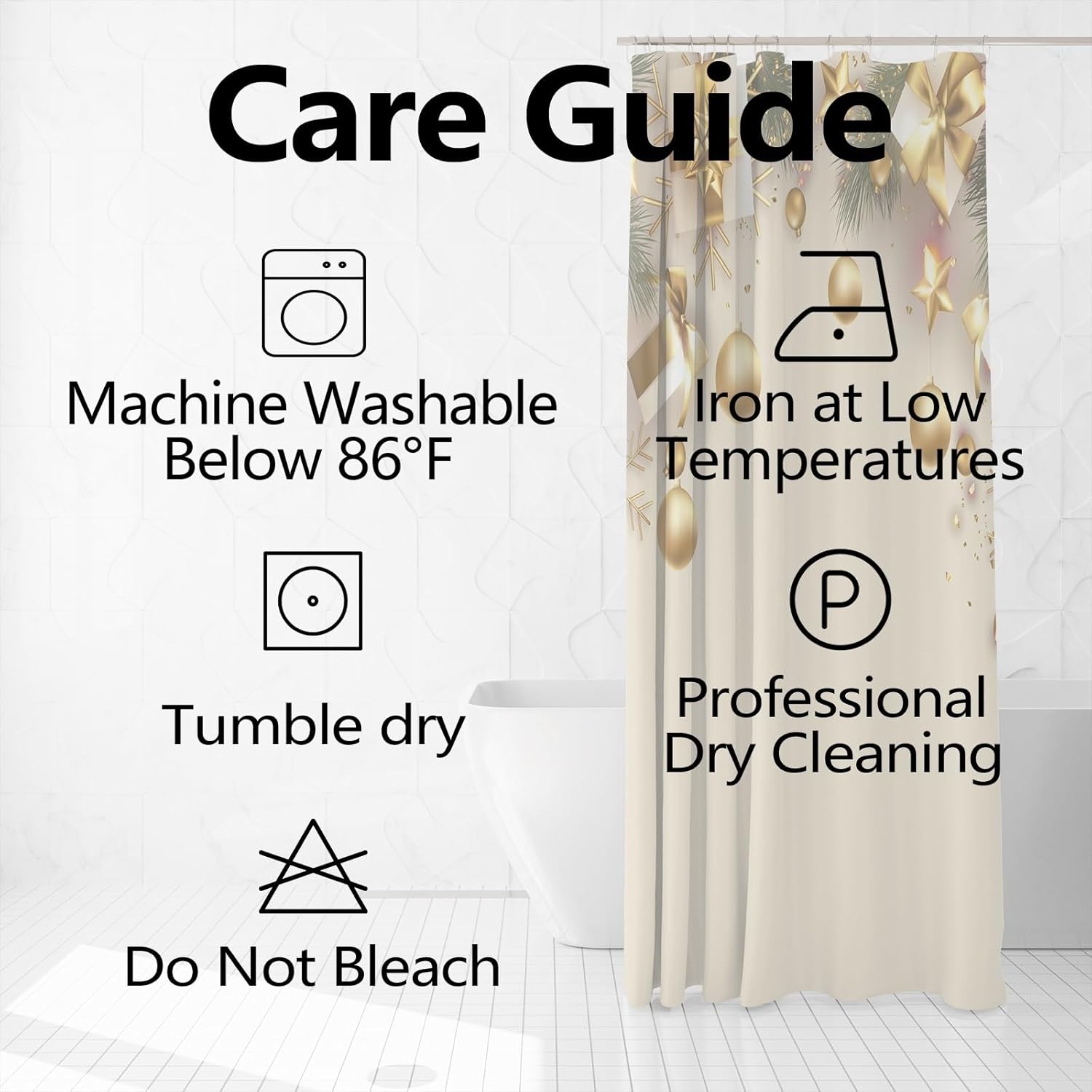 Christmas Shower Curtain for Bathroom 72x72inches Gold Pearls Snowflakes X-mas New Year Decor Shower Curtain Set with Hooks Green Leaves Waterproof Fabric Shower Curtain