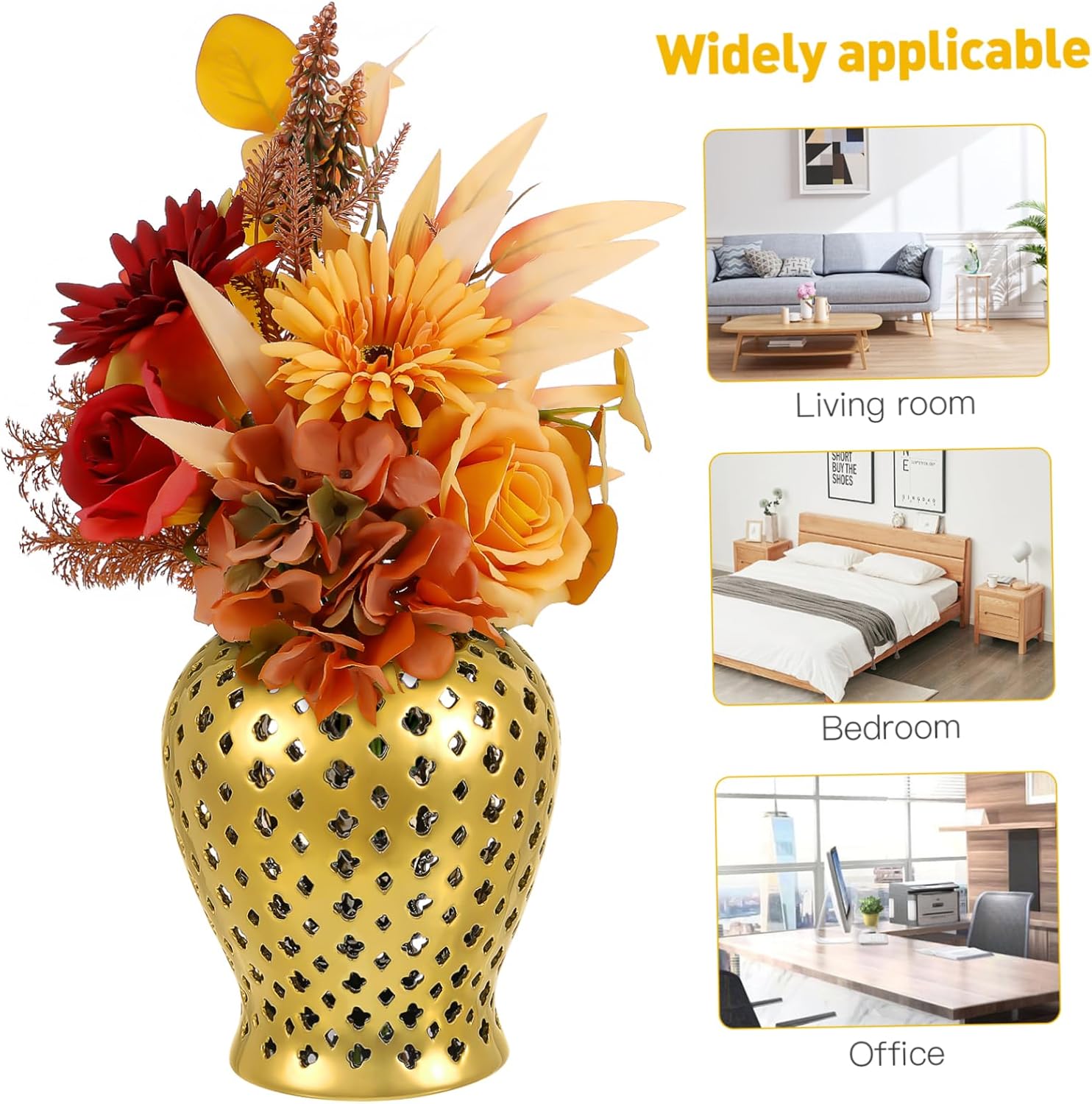 Cabilock Gold Ceramic Hollow Out Ginger Jar Lid Decorative Vintage Flower Vase for Home Decor Living Room and Table Centerpiece