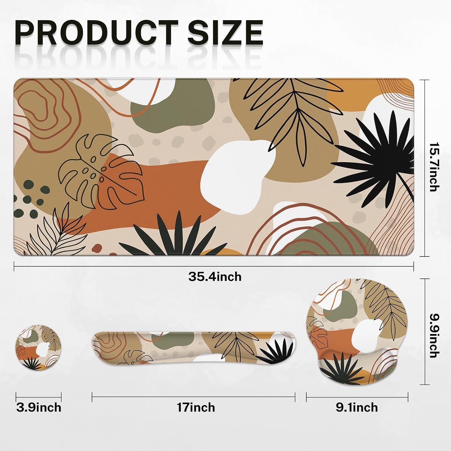 Britimes Bohemian Plants Keyboard Mouse Pad Set 4in1 Large Mousepad+Keyboard Wrist Rest+Mouse Wrist Rest+Coaster Set with Ergonomic Design for Home Office Computer 35.4x15.7 inches