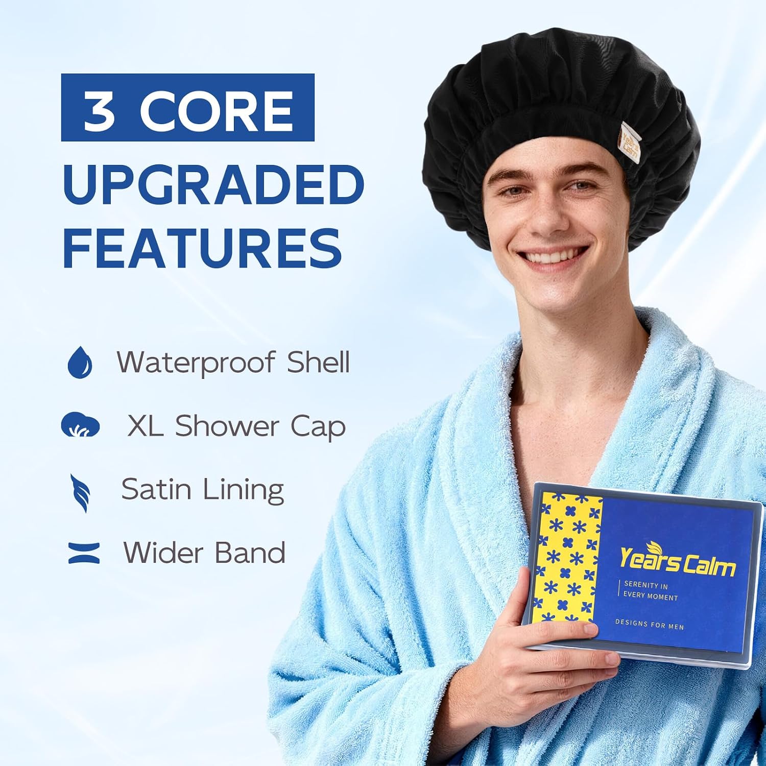 Years calm Shower Cap for Men Waterproof Reusable - Fashion Dual-Layer Design, Adjustable Elastic Band for Long & Curly Hair, XL Bath & Spa Cap for Travel, Satin Lined Shower Cap Black