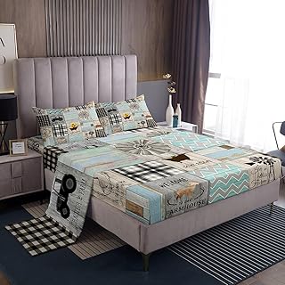 Manfei Rustic Farmhouse Sheet Set Queen Size, Vintage Wooden Plank Bedding Set for Kids Boys Girls Room Decor, Farm Animal Bed Sheet Set 4pcs with Deep Pocket Fitted Sheet + Flat Sheet + 2 Pillowcases