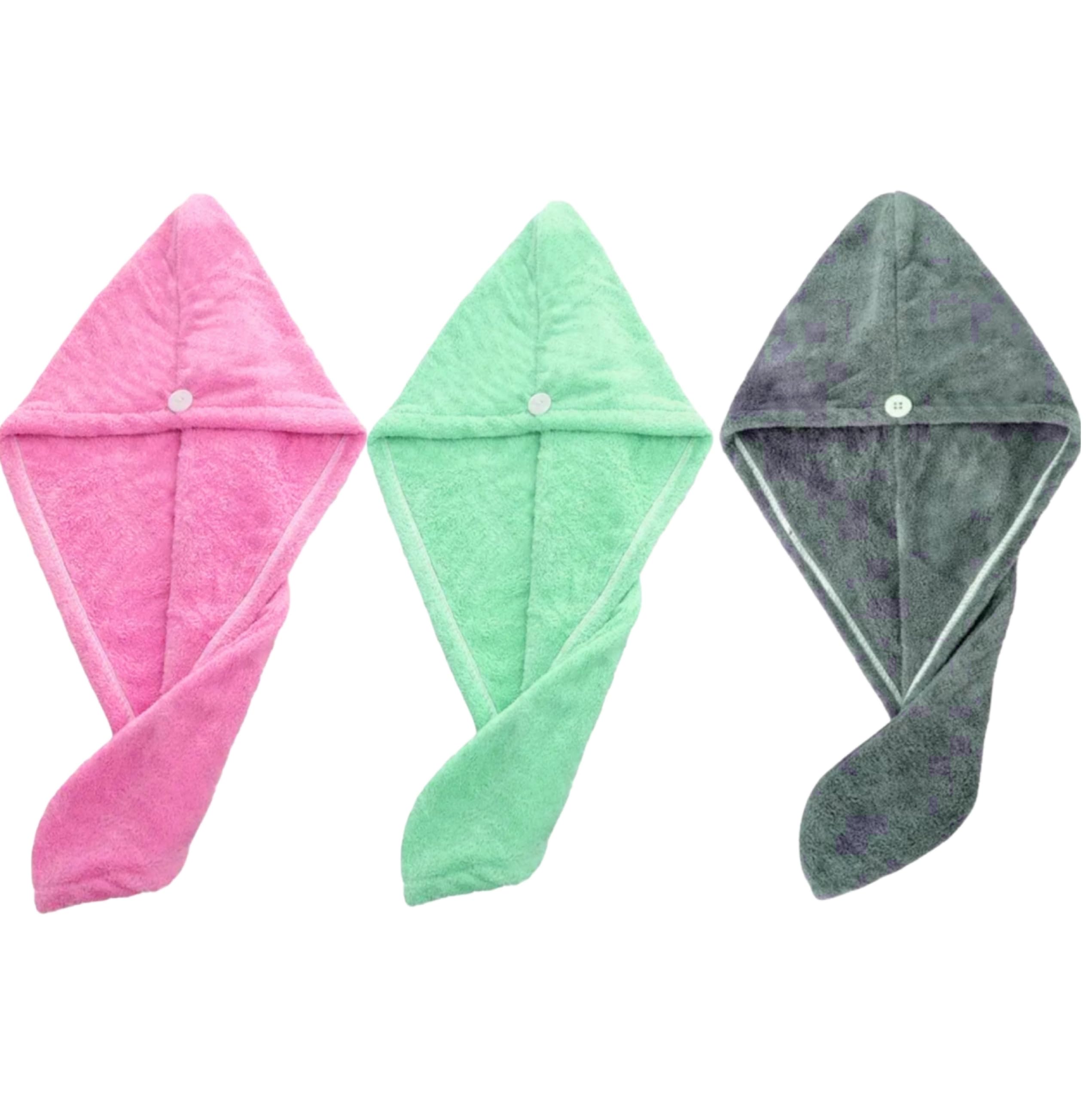 CB HOME Microfiber Hair Drying Turban Towels, Pack of 3 (Green-Pink-Grey)
