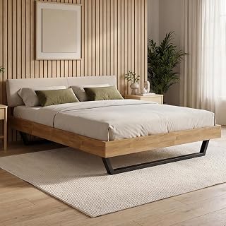 skølm Alver Massivholzbett 180x200 cm – Bettgestell aus Massivholz Eiche geölt – Holzbett mit schwarzen Metallkufen – hochwertiges Bett mit Bettkopf aus Cord Beige – Bettrahmen geeignet als Doppelbett