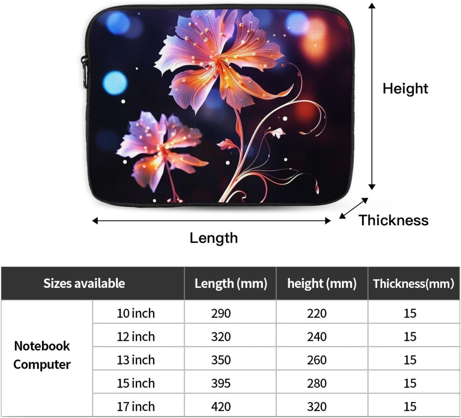 Shockproof 12 inch Laptop Sleeve Cool Decorative Flowers – Portable Briefcase Carrying Case for Notebook/Computer image 4