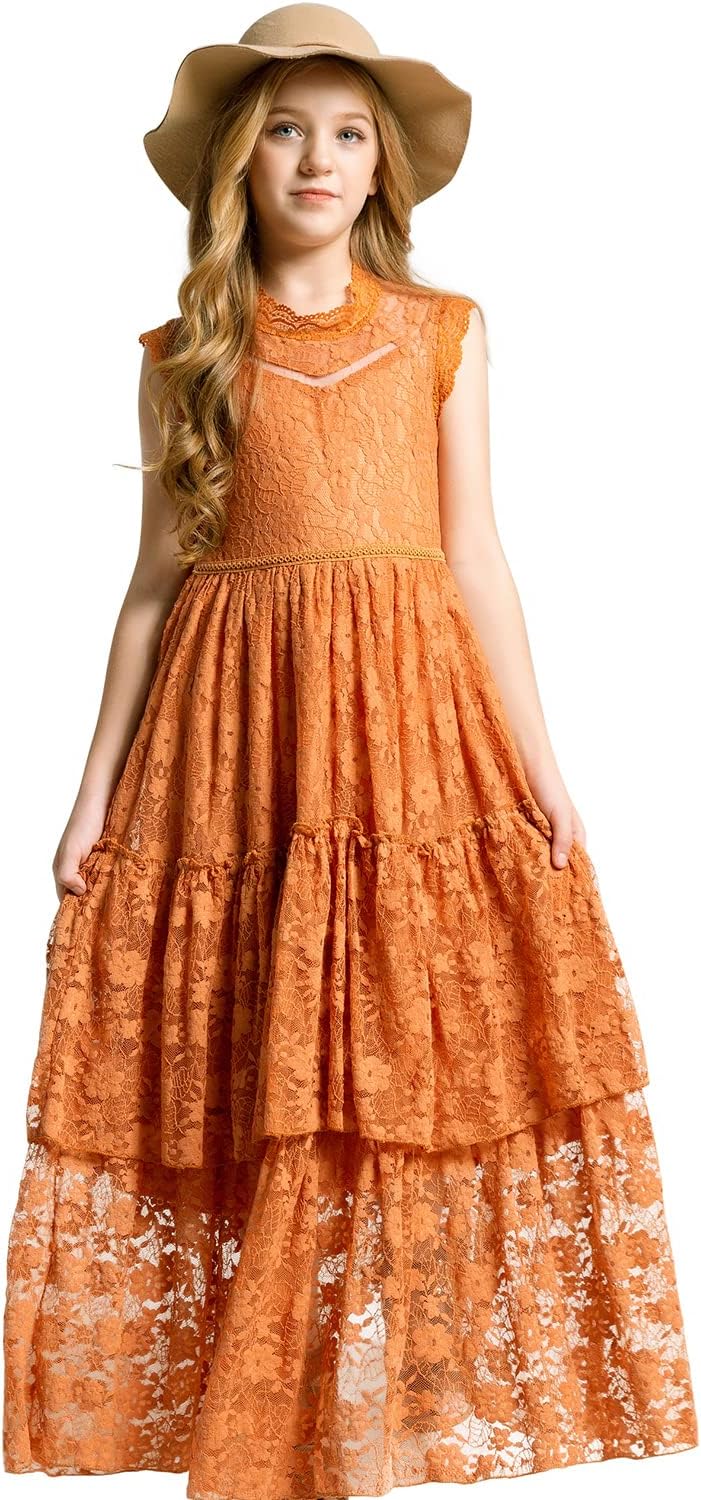 BIBIHOU Girls Kids Lace Back Full-Length Backless Tulle Party Holiday Formal Flower Girl Dress