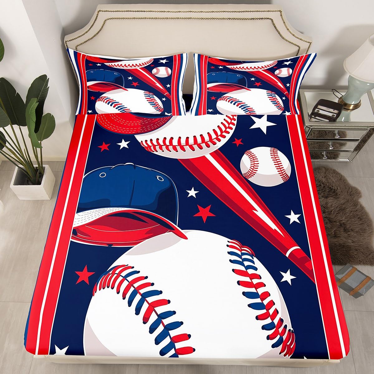 Baseball Fitted Sheet,Full Size Red and Navy Collections Ball Sports Lover Theme,Soft Decorative Fabric Bedding Deep Pocket for Children Teens Young Boys Girls,with 2 Pillowcases
