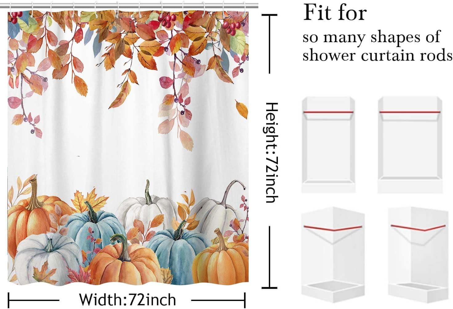Fall Pumpkin Shower Curtain, Autumn Pumpkins Leaves Shower Curtains for Bathroom, Fall Pumpkin Thanksgiving Farmhouse Harvest Bathroom Decor, with Hooks 72x72 Inch