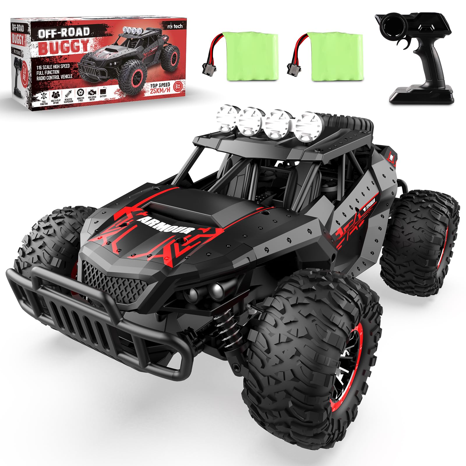 Remote Control Car 1:16 Scale All Terrain 25KM/H Remote Control Monster Truck 2.4Ghz Off-road RC Car with 2 Rechargeable Batteries 70 Minutes Play Time Birthday Gift Electric Toy Cars for Boys Girls