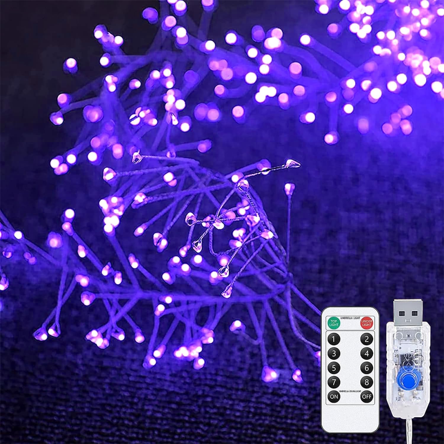 zhonghua Christmas Tree Cluster Lights, Firecrackers String Lights 6M 200LED Cluster Christmas Lights Waterproof USB with Remote (Purple)