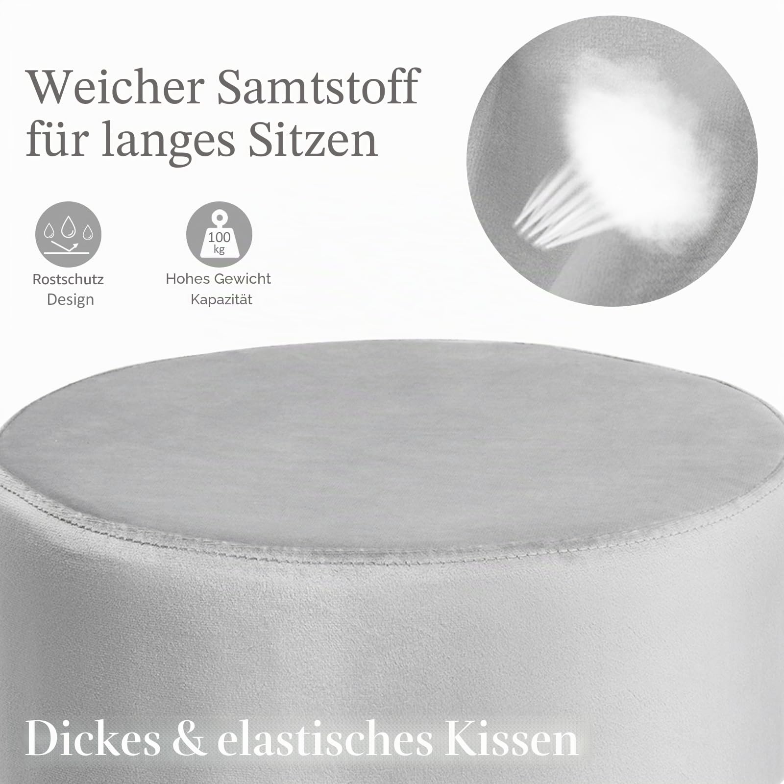 HOMASIS runder Hocker für Schminktisch, Sitzhocker aus Samt, Kleiner Fußhocker mit goldenen Metallbeinen, eleganter Polsterhocker, Schminkhocker für Wohnzimmer Schlafzimmer, 34 x 46 cm (Grau)