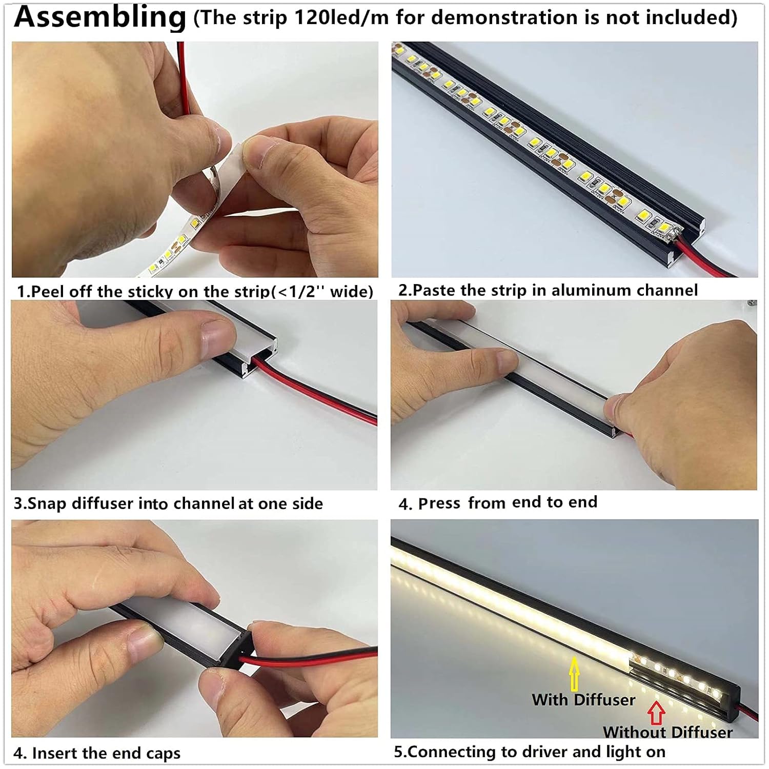 THMOOTHER 10-Pack 3.3FT/1M 17.4X7MM LED Strip Black Channel Diffuser,Under Cabinet Surface Mounted U Shape Aluminum Low Profile Milky Cover,1/2’’ 12MM Wide Tape Ribbon Track Rail Anodized Extrusion