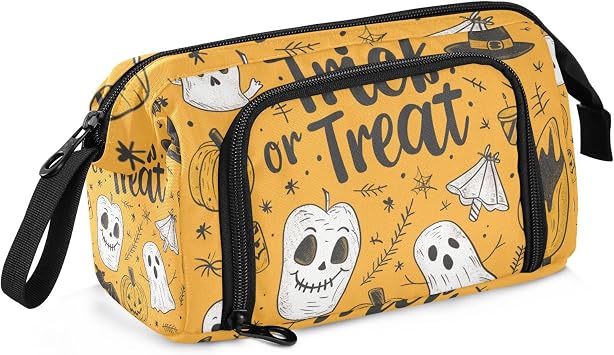 Cute Doodle Drawings Trick Or Treat Butter Yellow Pencil Pen Case Large Capacity Pencil Case Bag Portable for College Student Travel