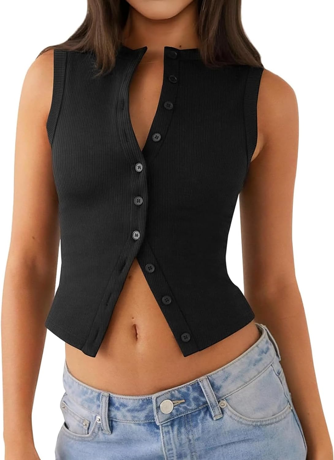 Relety Womens Crop Tank Tops Going Out Button Down Vest Seamless Ribbed Trendy Shirts Cute Sleeveless Summer Spring Y2K Cami