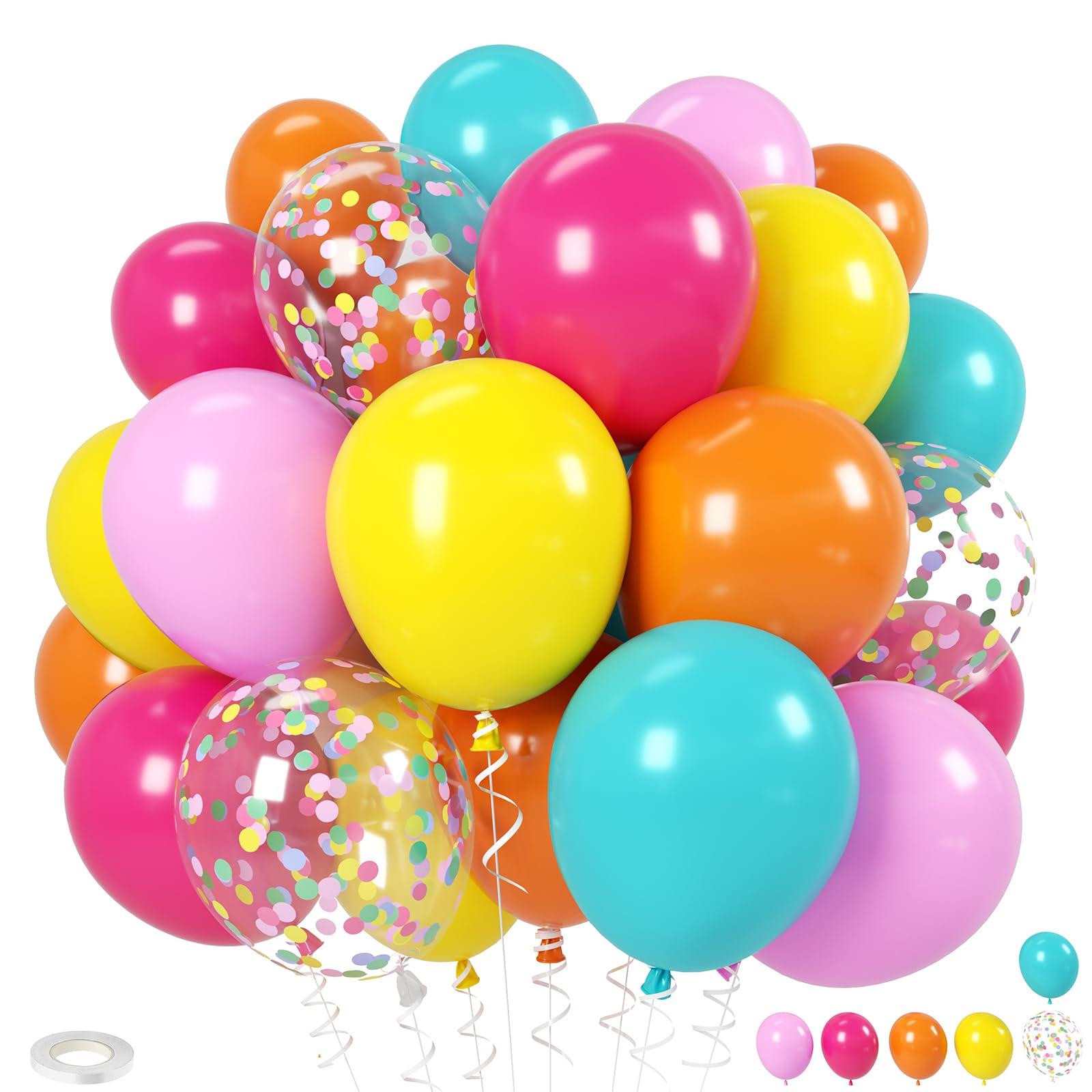 Biapian Rainbow Balloon, 12 Inch Colourful Yellow Orange Pink and Blue Latex Balloons, Multicoloured Confetti Balloons for Kids Birthday Party Summer Celebration Decorations