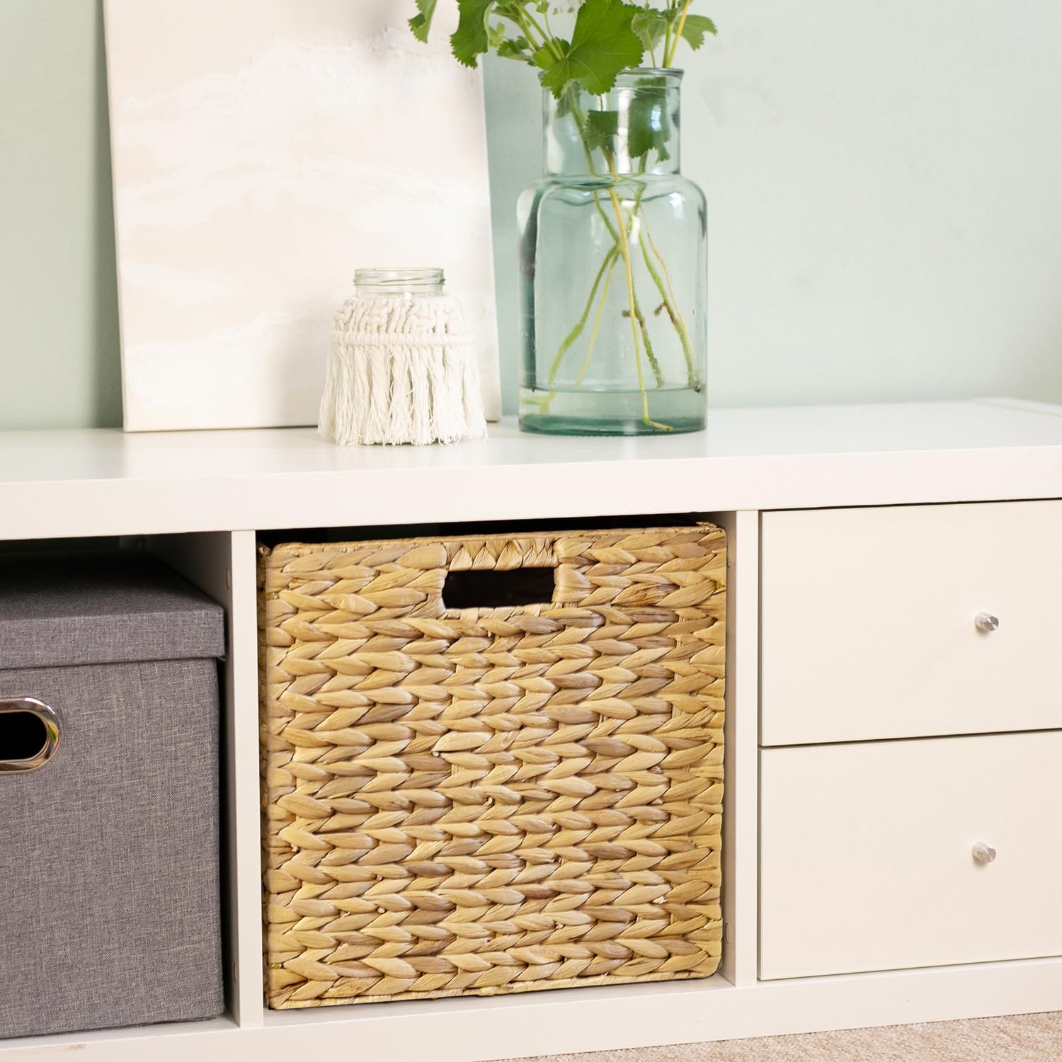 Cesta de almacenamiento HMF adecuada para Kallax para archivos colgantes DIN A4, cesta trenzada de jacinto de agua, incluye 8 archivos colgantes, 33 x 38 x 32 cm