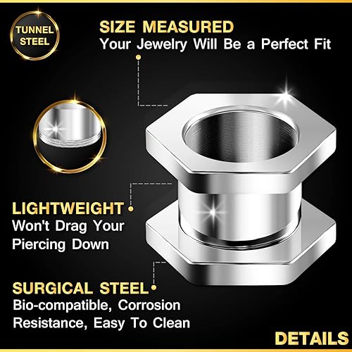 Miniatura 3 de KJM Fashion - 2 piezas de acero quirúrgico hexagonal de carne Xcrew diseño de tuerca de calibre de túnel de lóbulo de la oreja, joyería a elegir