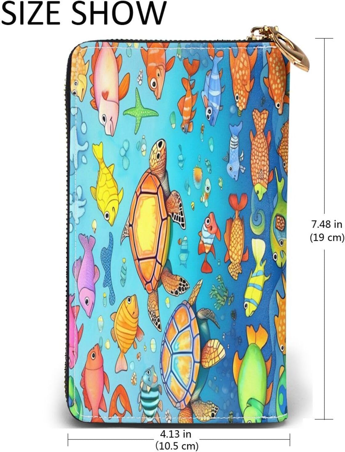 Turtle and Fish Long Zip Around Wallet for Women, Large Capacity RFID Leather Wristlet Wallet with 12 Card Slots Coin Purse, Fashion Clutch Purse with Wrist Strap