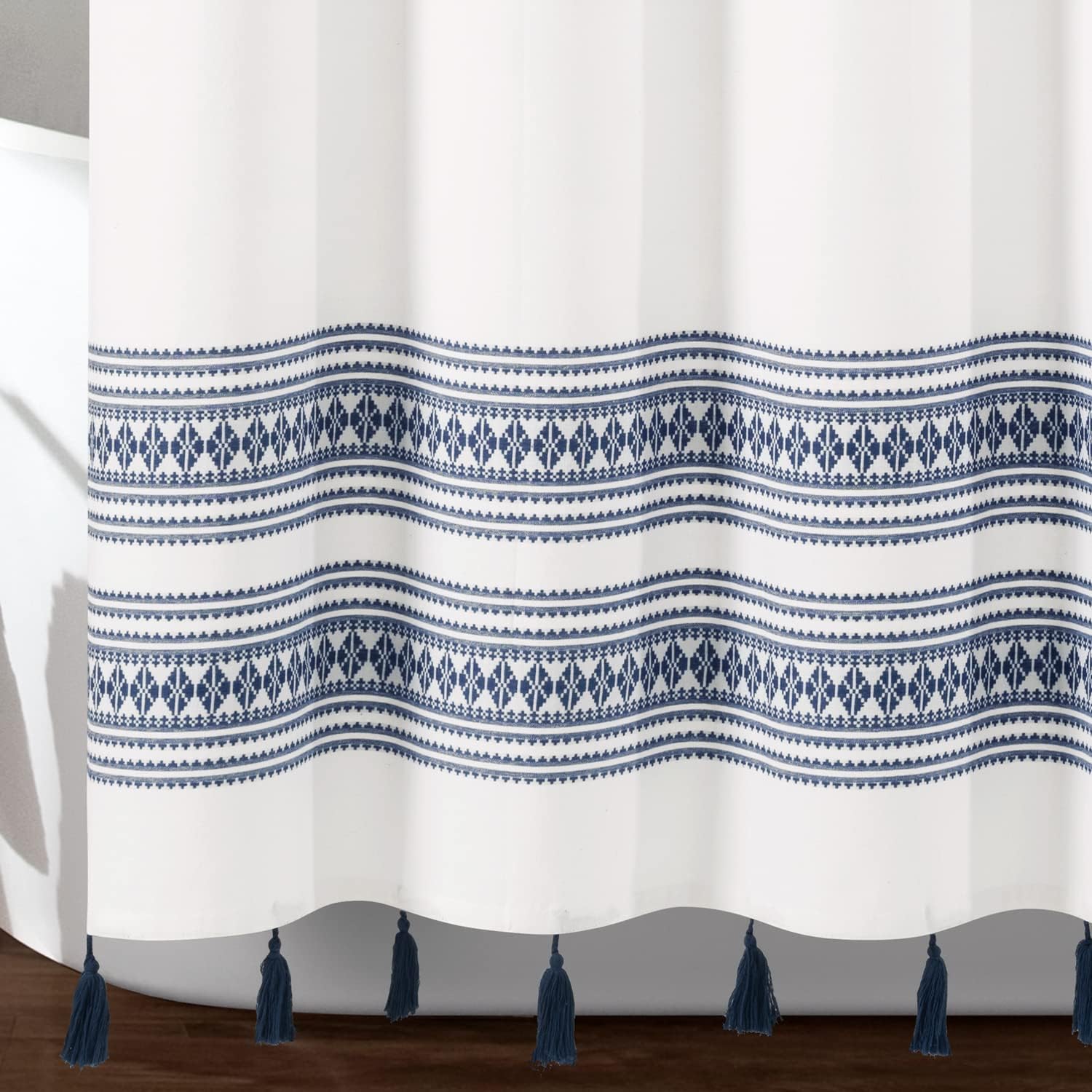 Lush Decor Breezy Chic Tassel Jacquard Cotton Blend Shower Curtain Single 72" W x 72" L Navy - White Shower Curtains for Bathroom - Boho Bathroom Curtain