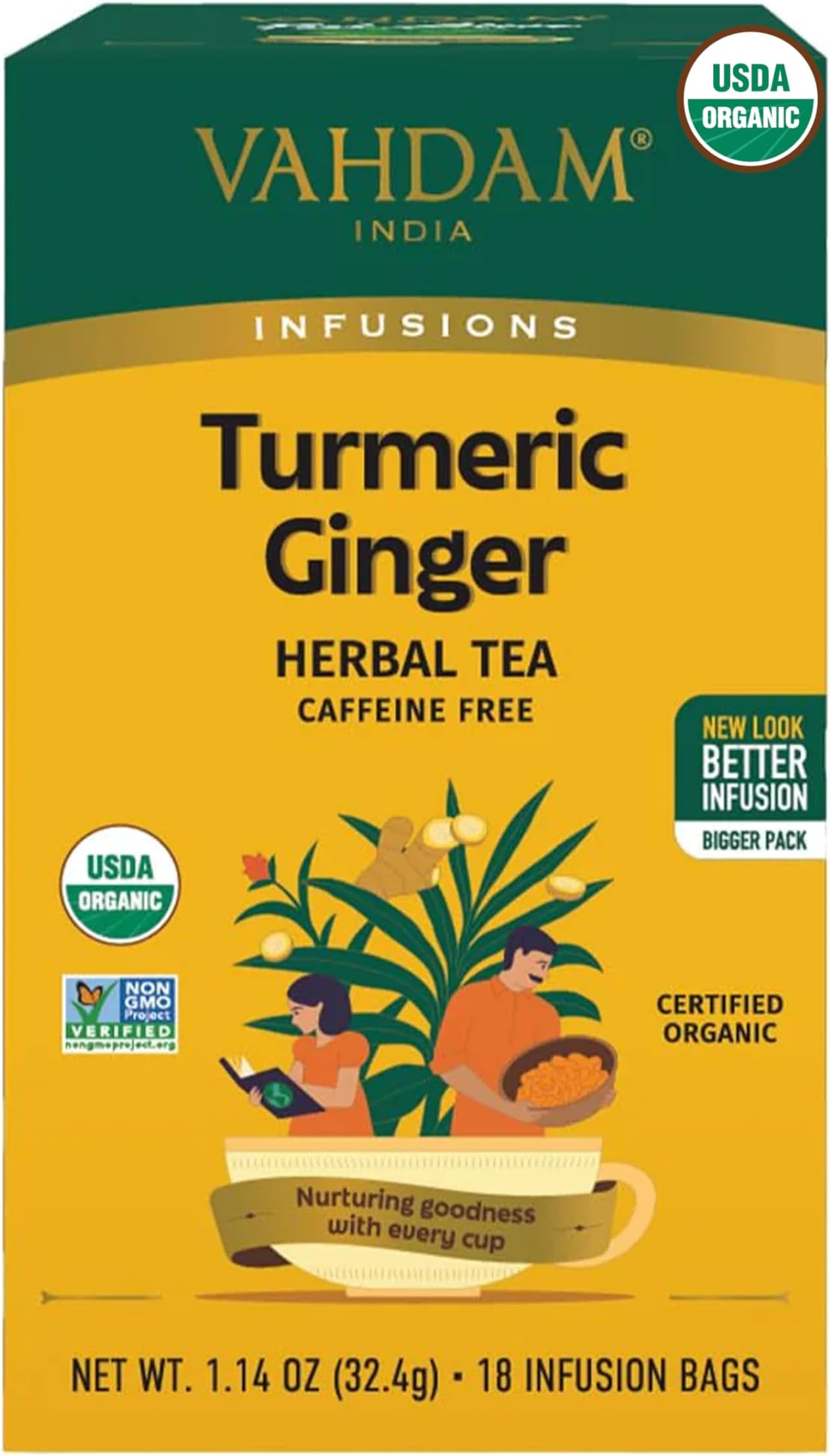 VAHDAM, Organic Turmeric Ginger Herbal Tea Bags (18 Count) Caffeine Free, Gluten Free | 100% Pure Herbal Blend - Earthy & Savory | Eco-Friendly Individually Wrapped Tea Bags | Direct From Source