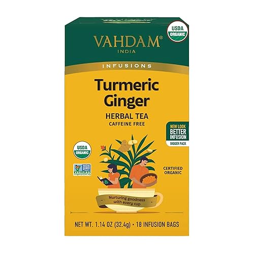 VAHDAM, Bolsas de té de hierbas orgánicas de cúrcuma y jengibre (18 unidades) sin cafeína, sin gluten, mezcla de hierbas 100% pura, terroso y