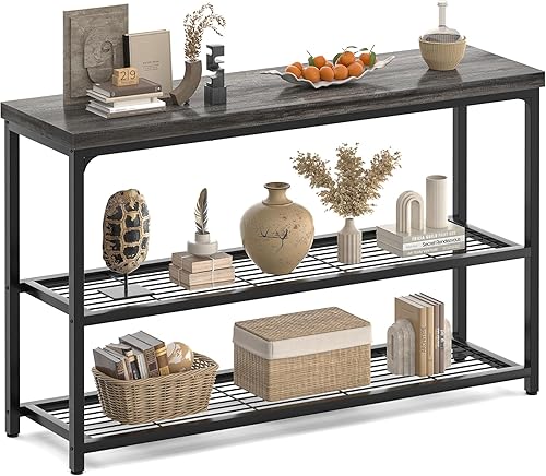 Miniatura 15 de Mesa de Consola Pequeña de 32" con Almacenamiento, Mesa de Entrada Estrecha de 3 Niveles, Mesa de Sofá Resistente con Estantes de Malla, Mesas de