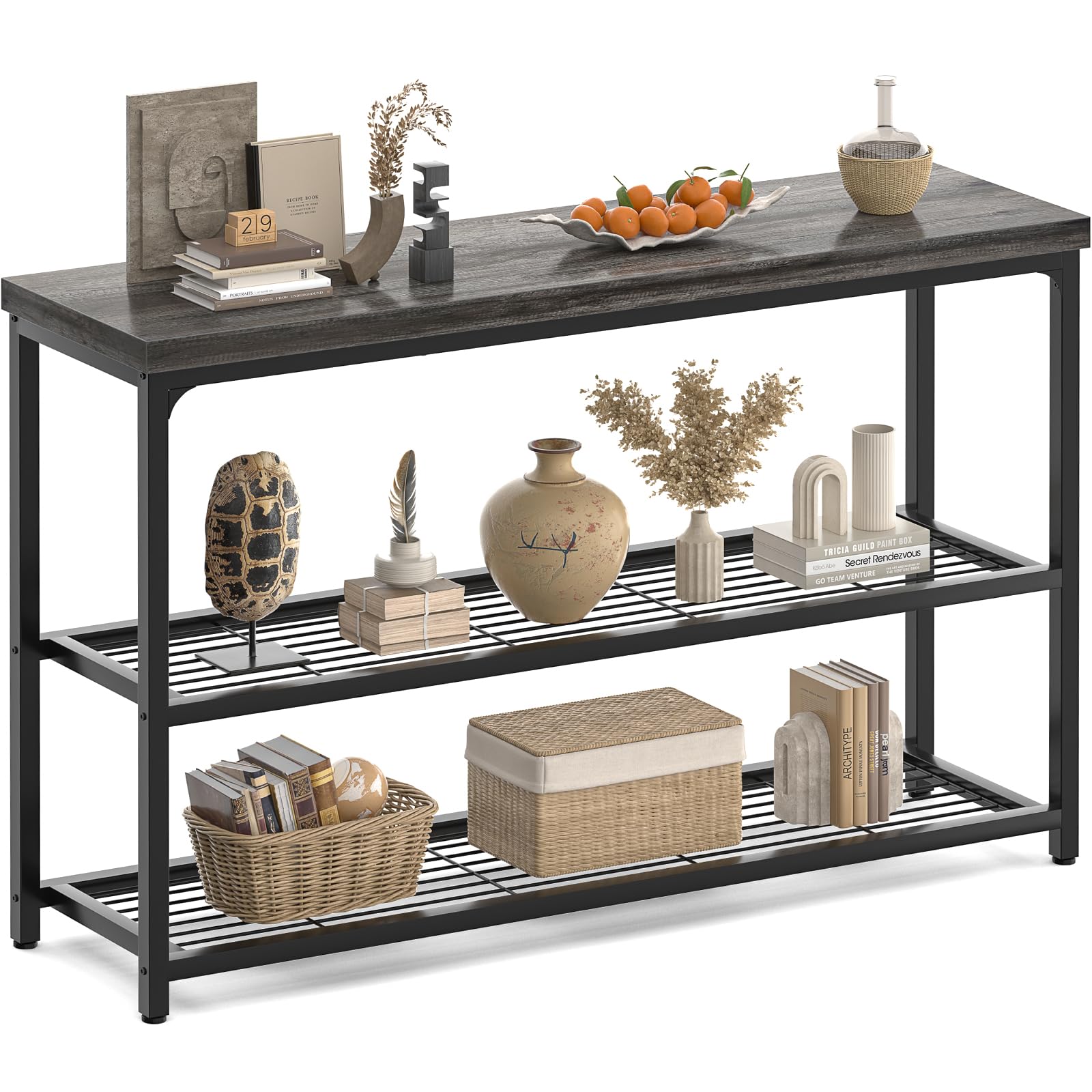 Besiost 47" Console Table, 3-Tier Entryway Table, Sofa Table with Mesh Shelves, Console Tables for Living Room, Bedroom, Hallway, Entryway, Foyer,