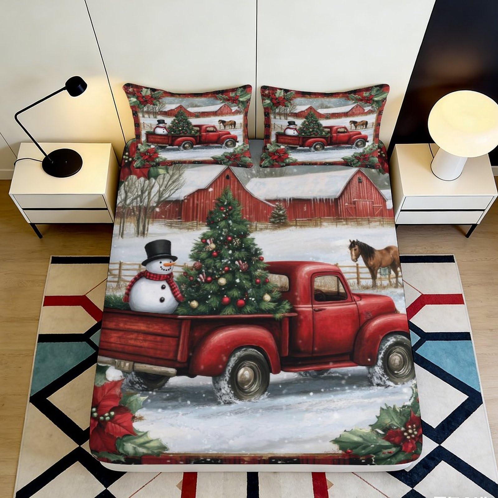 3D Printed Christmas Red Truck Fitted Sheet Microfiber Winter Village Snowman Mattress Cover for Bedroom Decor 90x200x25cm