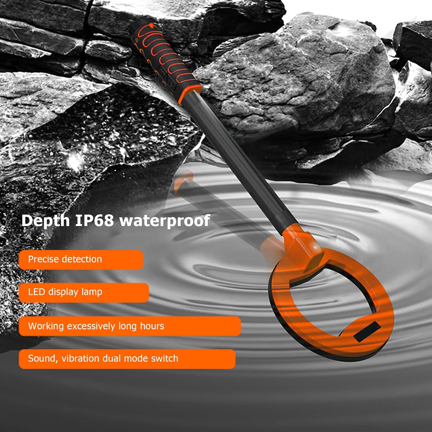 Metal detector in water with text highlighting IP68 waterproof, precise detection, LED display, long working hours, and dual mode switch