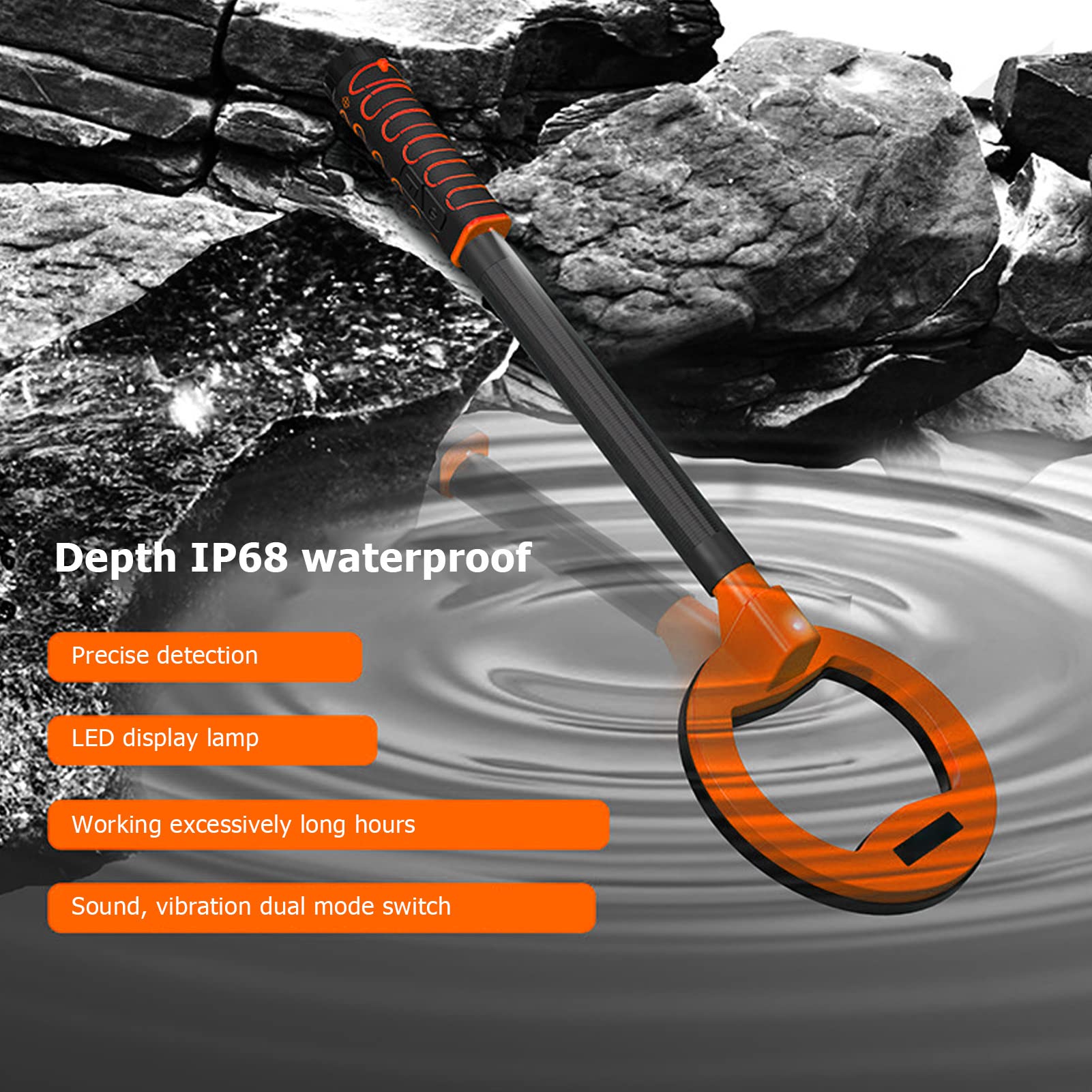 Metal Detector Subacqueo, IP68 Impermeabile 3.9 4.7 Pollici Gamma di Rilevamento Gold Silver Detector con Suono di Allarme, Batteria Al Litio 6F22 1600mAh, Rilevatore Portatile di Oro (Arancia)