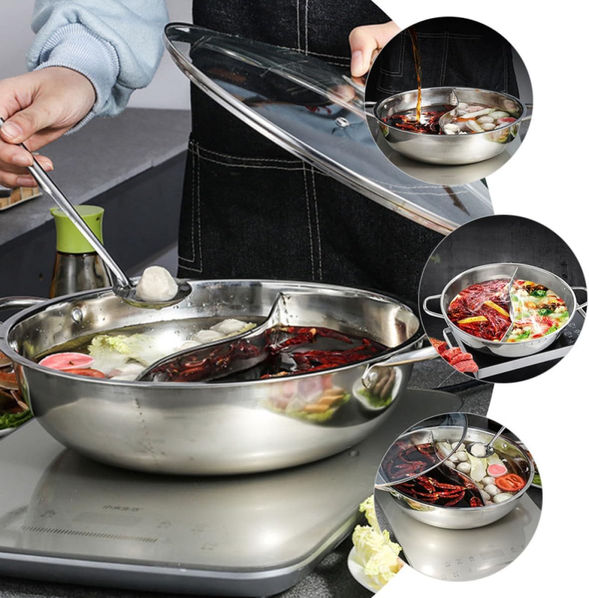 Stainless Steel Divided Hot Pot Pan for Kitchen Home Cooking