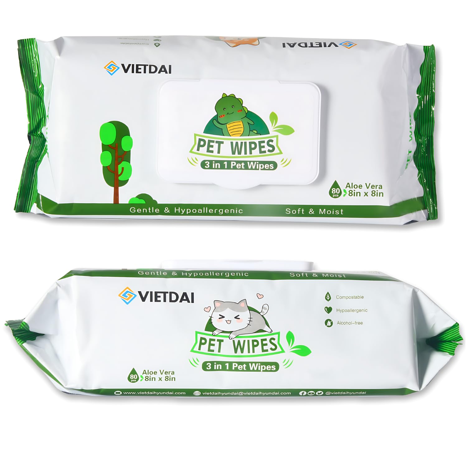 VIETDAI HYUNDAIDog Wipes for Paws and Bums 2Pack Unscented Pet Wipes Dog Hypoallergenic, Cat Wipes Cleaning Fur With Aloe Vera and Vitamin E Dog Wet Wipes for Smelly Dogs - Puppy Wipes