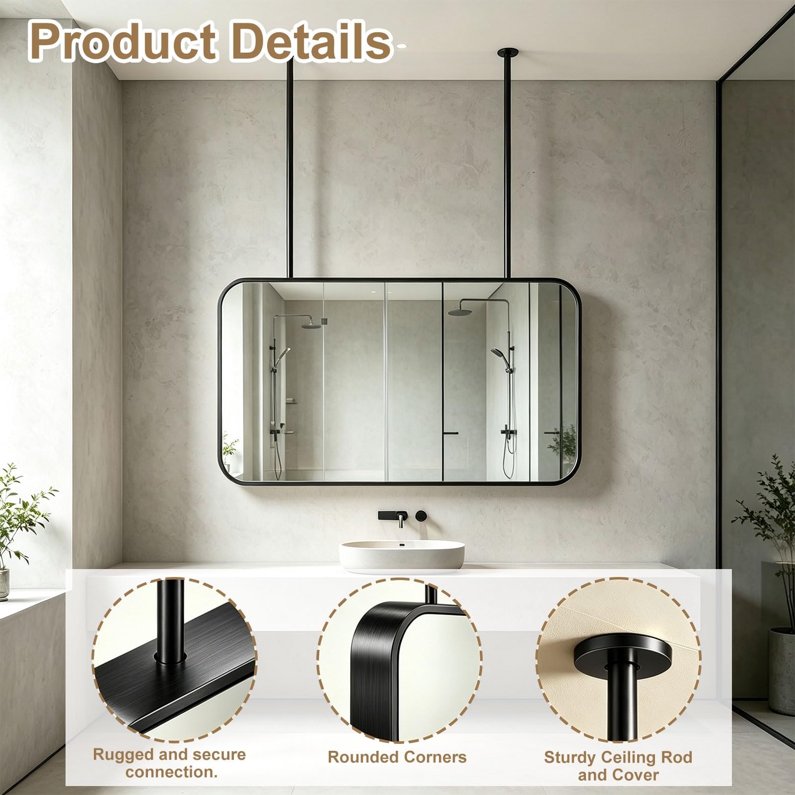 Luyckfrazy Specchio con asta sospesa rettangolare arrotondata montato a soffitto, specchi sospesi decorativi per il piano del tavolo dell'ingresso del soggiorno(40cmx70cm)