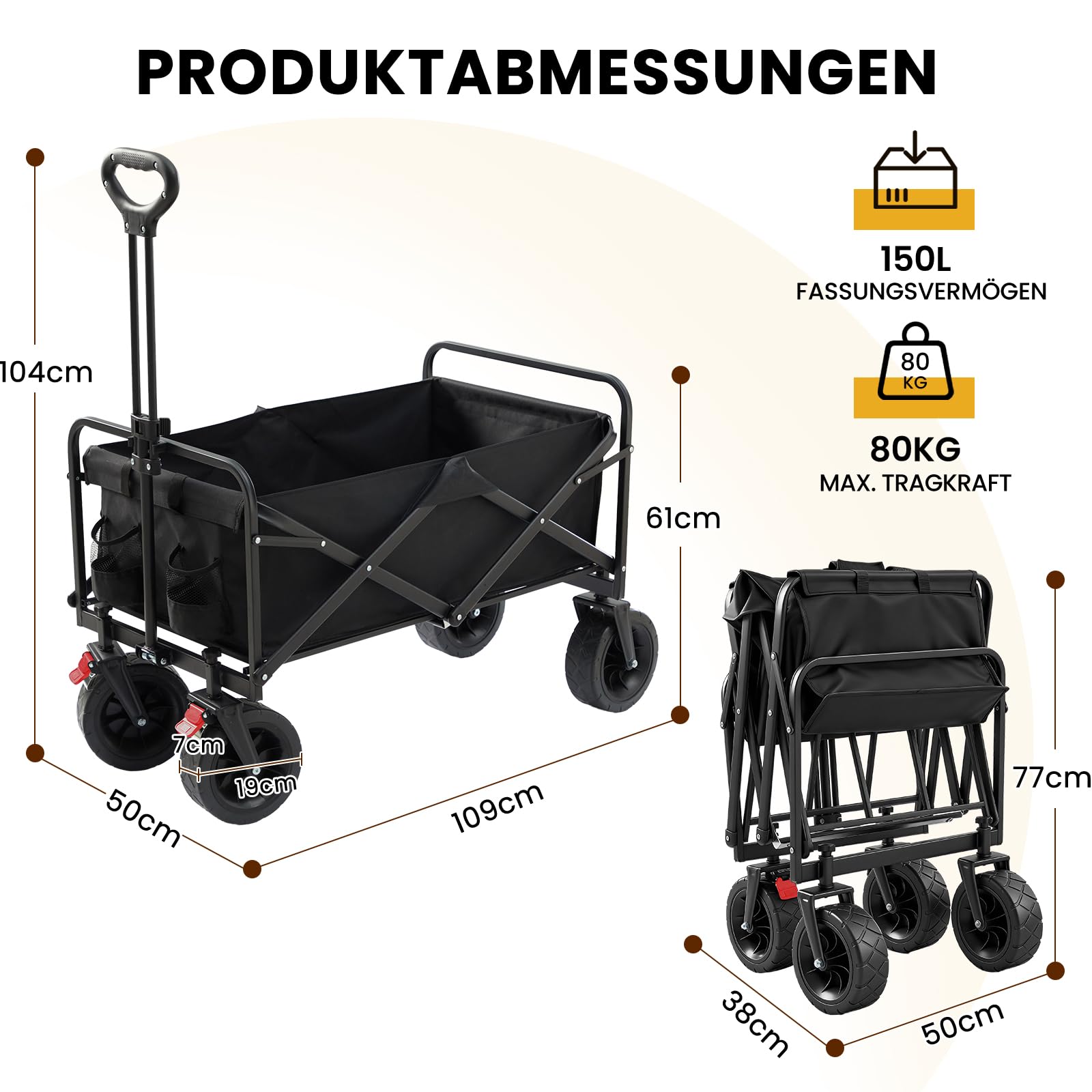 Palawano Bollerwagen Faltbar 150L – Transportwagen mit Rollen, Schwerlast Campingwagen für Festival, Strand, Garten & Einkauf