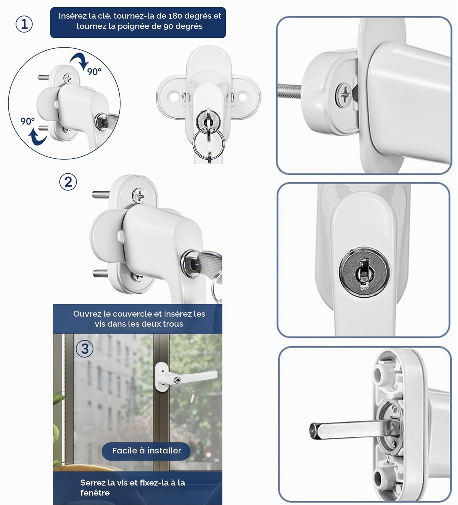 LIFERUN 8 PCS poignées de fenêtre avec 16 PCS Vis 8 PCS Clés, Verrouillage des Fenêtres pour Enfants en Aluminium Blanc, pour les Fenêtres Les Portes de Balcon ou de Terrasse