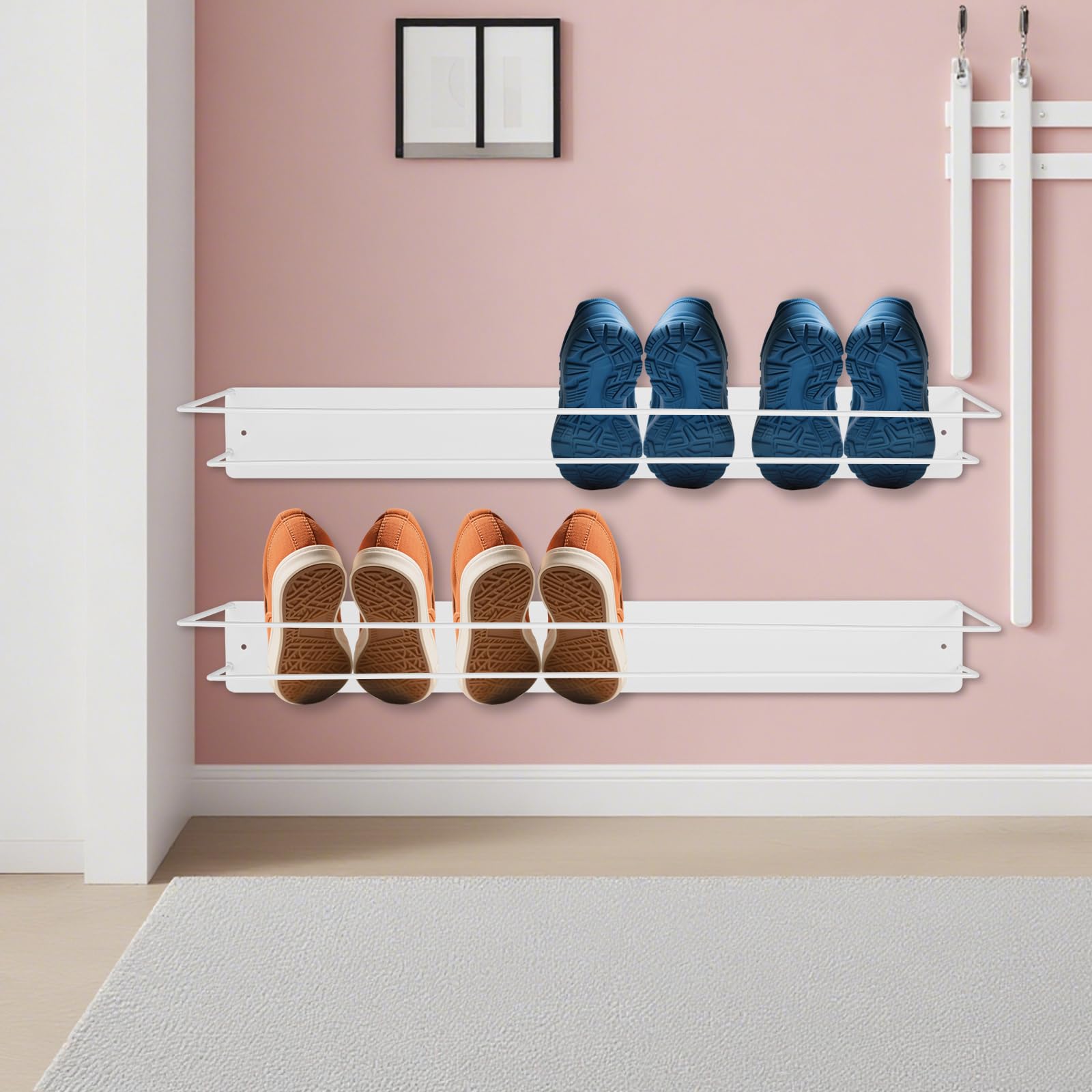 Lot de 2 étagères à chaussures - Montage mural - Moderne - Gain de place - En métal - Pour salon, chambre à coucher, entrée - 80 x 10 x 16 cm - Blanc