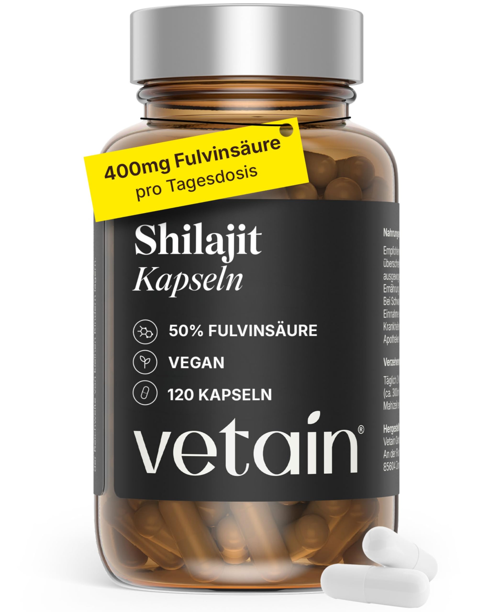 VETAIN Original Himalaya Shilajit - 800 mg - 50% Fulvinsäure & 12% Huminsäure - 120 Kapseln aus Shilajit Extrakt - Hochdosiert, vegan & ohne Zusätze – laborgeprüft & produziert in Deutschland