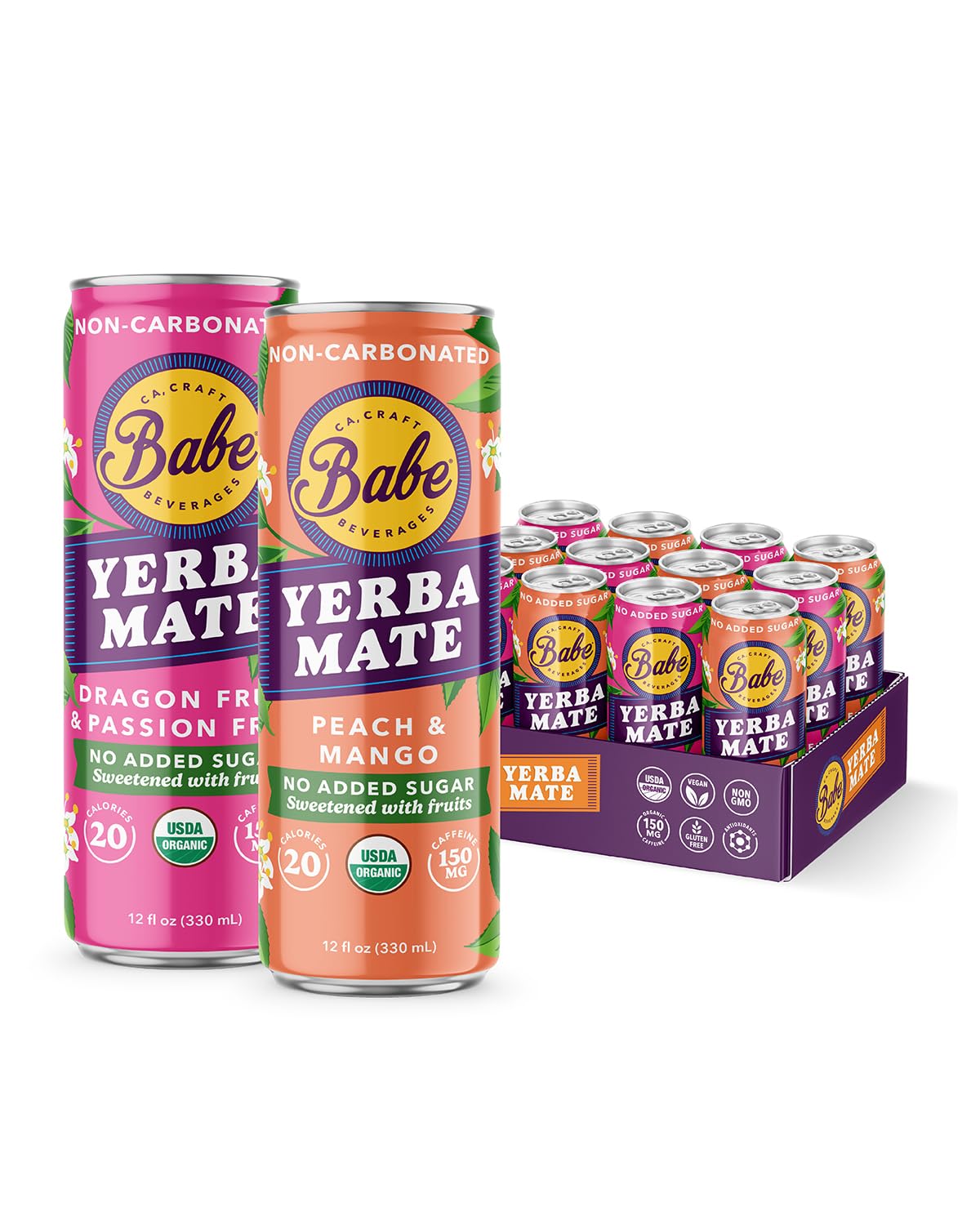 Babe Organic Yerba Mate Energy Drinks | NO SUGAR ADDED with 150mg Plant-Based Caffeine | Natural Yerba Mate Tea with No Crash, No Jitters - Peach Mango & Passion Dragon (12 x 12oz Cans)