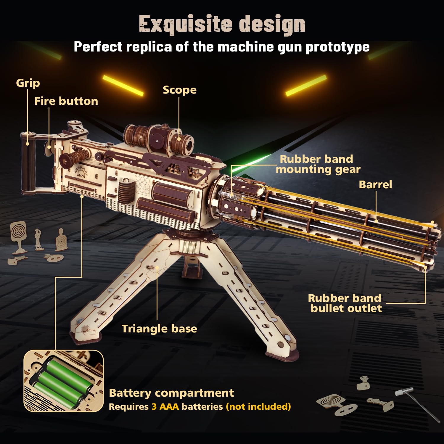 VATOS Wooden Puzzles for Adults 3D Wooden Puzzle Machine Gun Model with Rubber Bands - Image 3