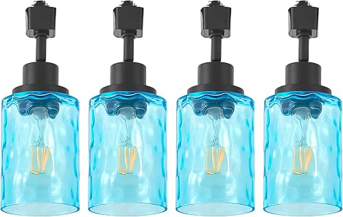 AIBISOD 4 Pack H Track Lighting Heads with Blue Hammered Glass Shade, E26 Black 