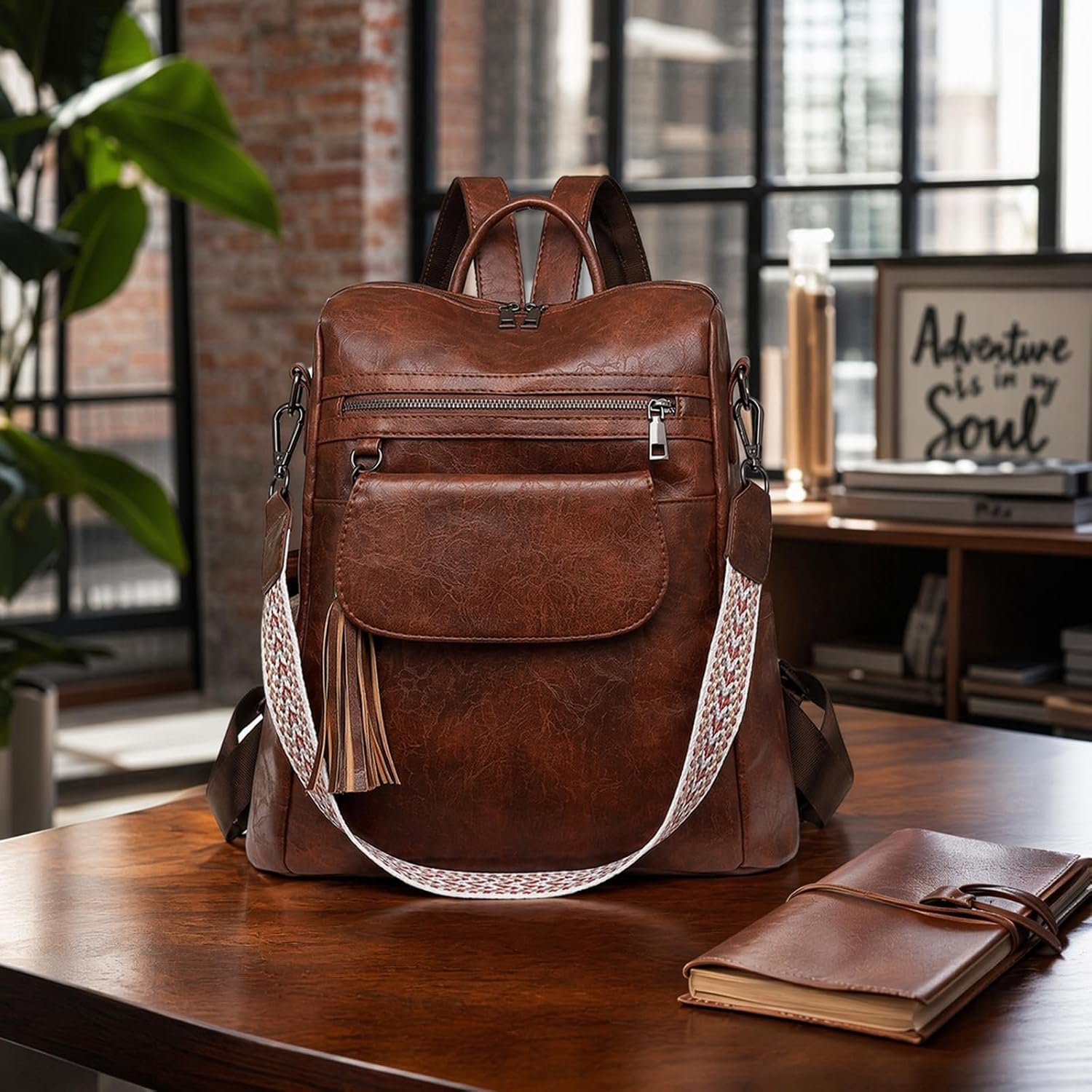 Women Anti-Theft Convertible Rucksack, Multi-Pocket Casual Satchel and Shoulder Bag,yellowish brown