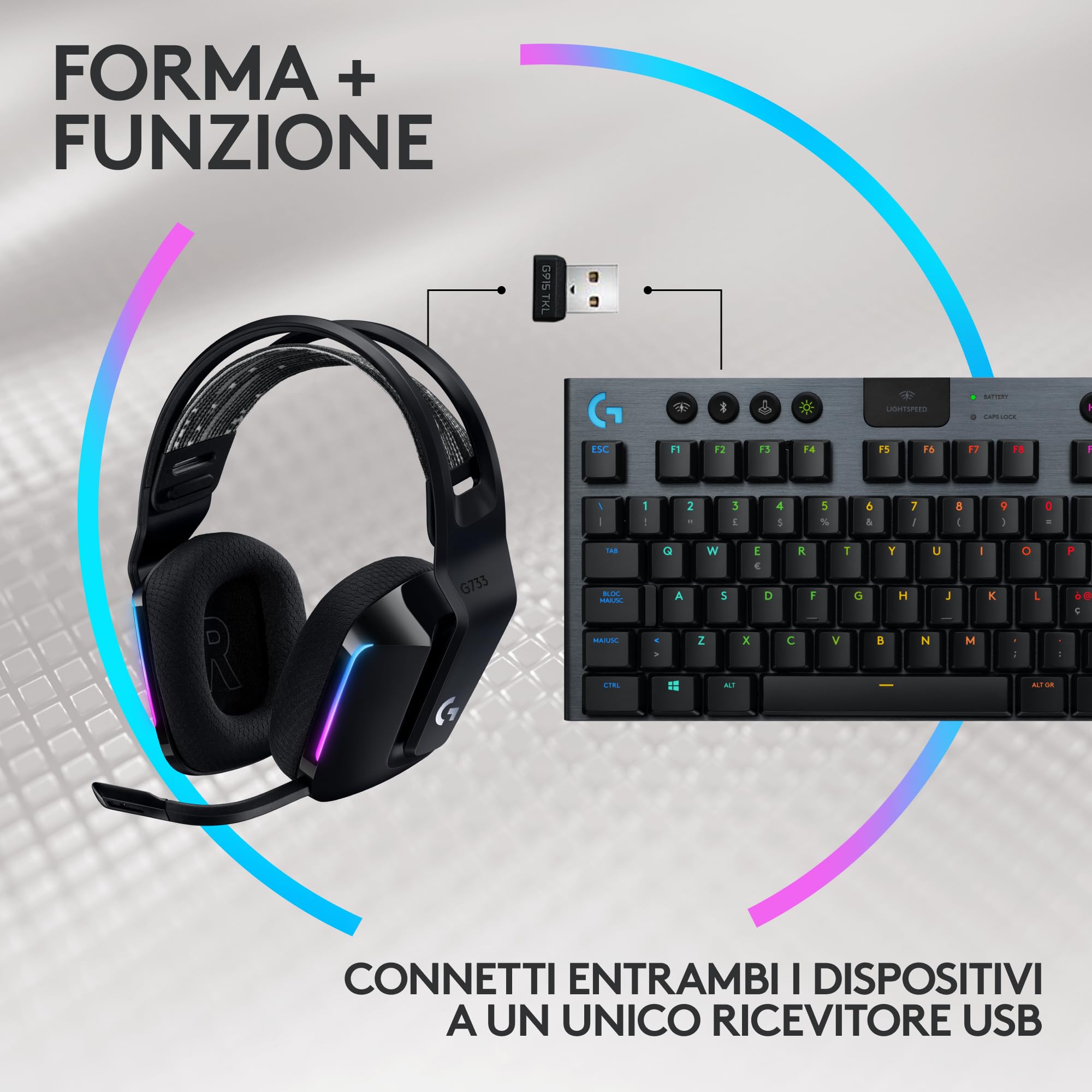 Logitech G733 Lightspeed, cuffia con microfono gaming wireless con Blue Vo!ce e G915 TKL Lightspeed, tastiera gaming meccanica wireless RGB senza tastierino numerico per PC/Mac - Nero