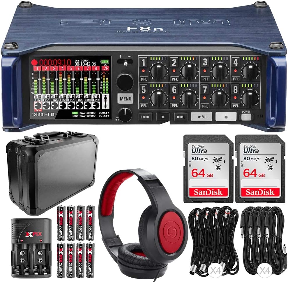 Zoom F8n Multi-Track Field Recorder + 64GB Memory Card (x2), Monitoring Headphones, Ultra High Capacity 4-Pack AA Rechargeable Battery With Travel Quick Charger, VersaBOX & Deluxe Cables Bundle : Musical Instruments