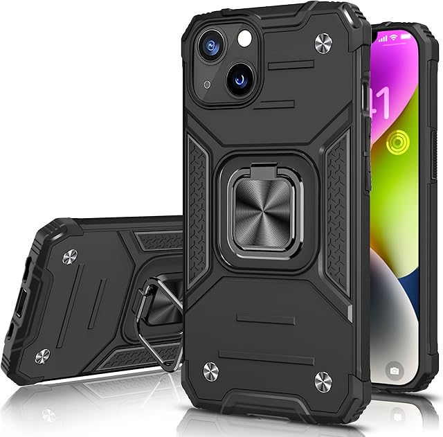 Honeyview Shockproof Case for iPhone 13/14 with Ring Kickstand, Bumper 3 in 1 Bumper Armour Phone Cover for Apple iPhone 13 iPhone 14 5G - Black