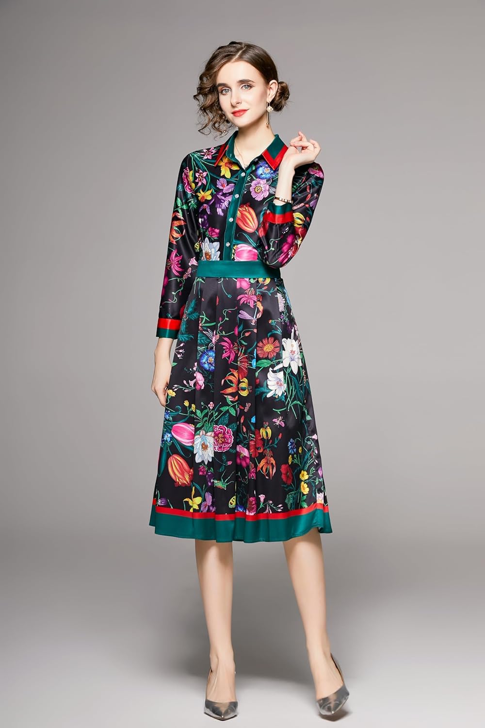 LAI MENG FIVE CATS Women's Long Sleeve Floral Print Button up Casual A-line Flowy Midi Dress - Image 5